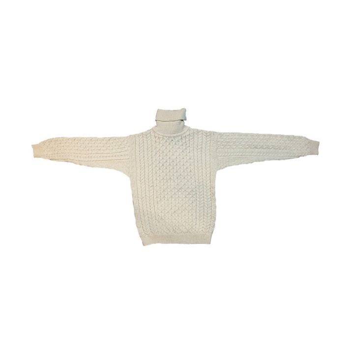 Pull Irelandais Blanc col roulé traditionnel 100% pure laine vierge 