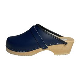 Smooth blue leather clog, side view