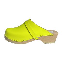 Neon yellow patent leather clog, side view