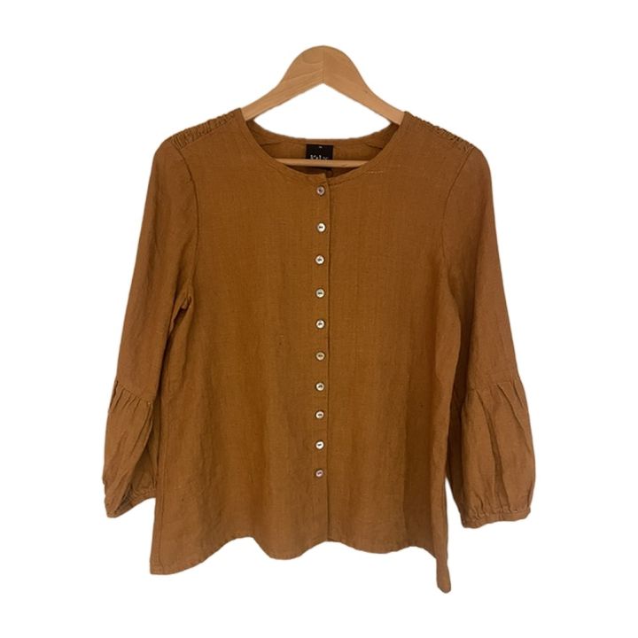 Long-sleeved linen blouse - BROWN