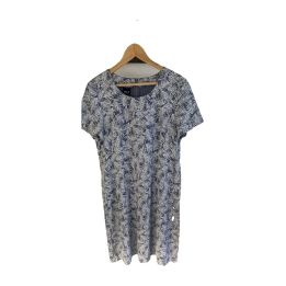 Short-sleeved leaf-print linen dress - BLUE