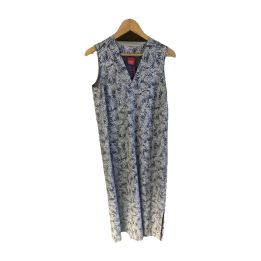 Sleeveless leaf-print linen dress - BLUE