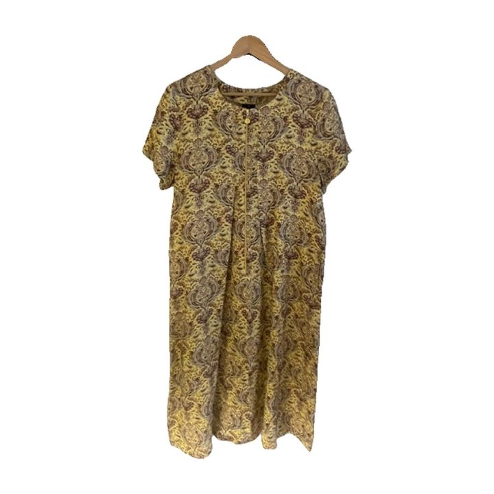 Robe en lin imprimé cachemire, manches courtes - JAUNE