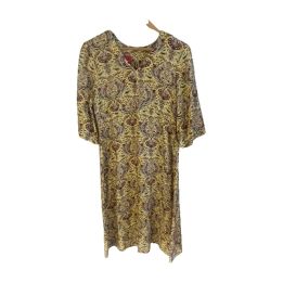 Robe en lin imprimé cachemire, manches trois-quarts - JAUNE