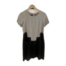 Two-tone short-sleeved linen dress - GREY AND BLACK