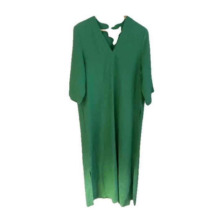 Long V-neck linen dress - GREEN