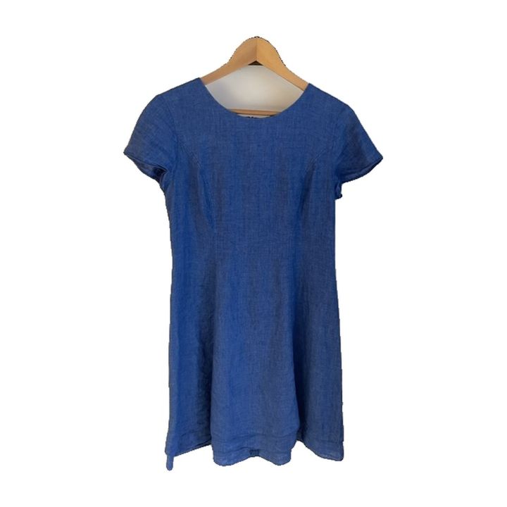 Short-sleeved linen dress - BLUE