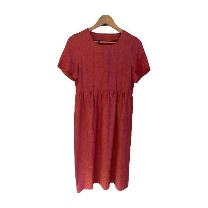 Short-sleeved linen dress with gathered waist - ORANGE