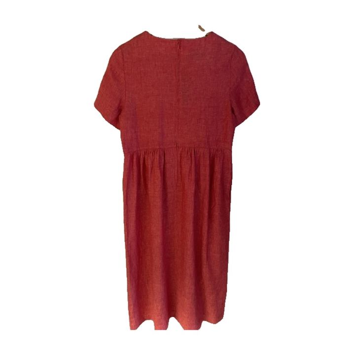 Short-sleeved linen dress with gathered waist - ORANGE