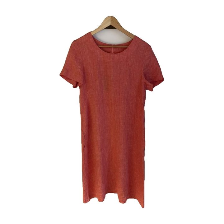 Robe droite en lin, manches courtes - ORANGE