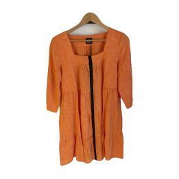 Robe en lin à volants, manches trois-quarts - ORANGE
