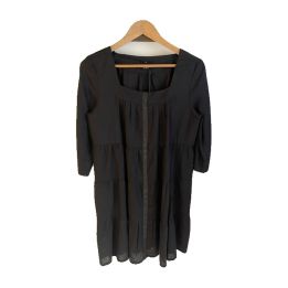 Robe en lin à volants, manches trois-quarts - NOIR