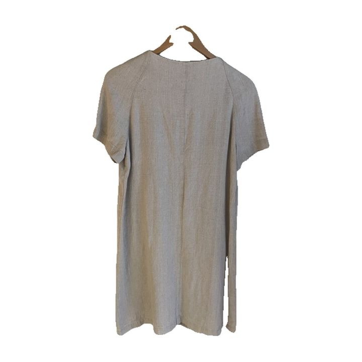 Short-sleeved zip-front linen dress - BEIGE