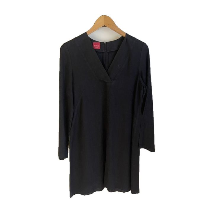 Robe en lin brodée, manches longues - NOIR