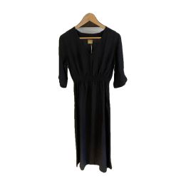 Linen dress with elasticated waist - BLACK