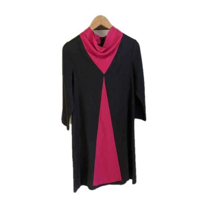 Robe en lin bicolore col bénitier - NOIR ET ROSE