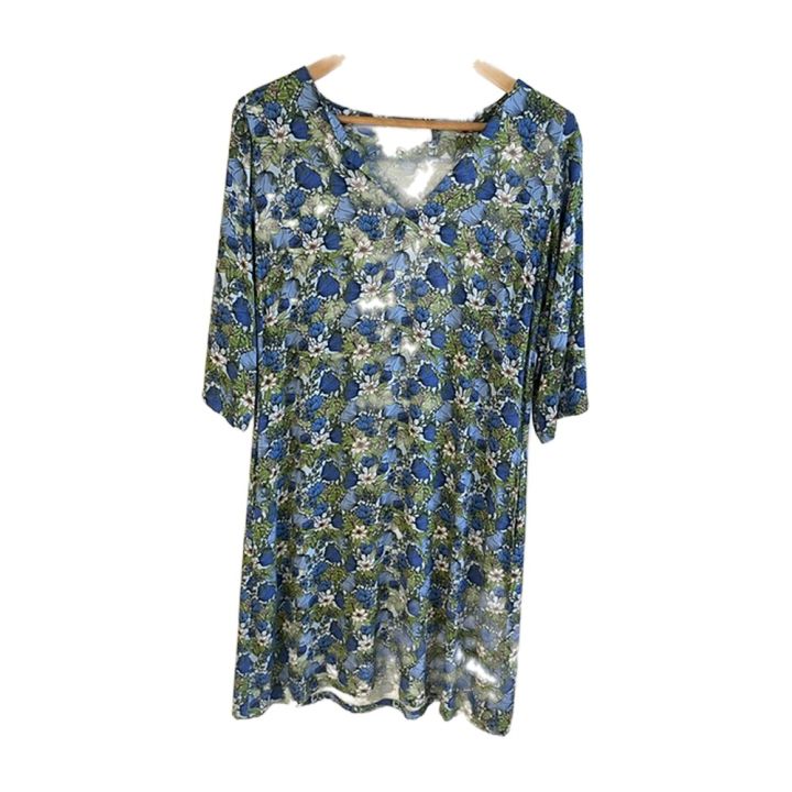 Robe fleurie manches trois-quarts - BLEU ET VERT