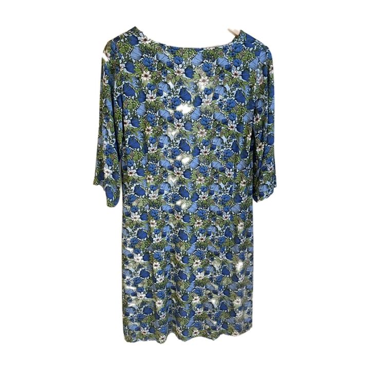 Robe fleurie manches trois-quarts - BLEU ET VERT