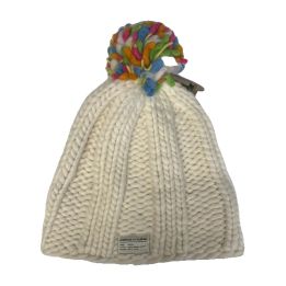 Bonnet en grosse maille, pompon multicolore - BLANC