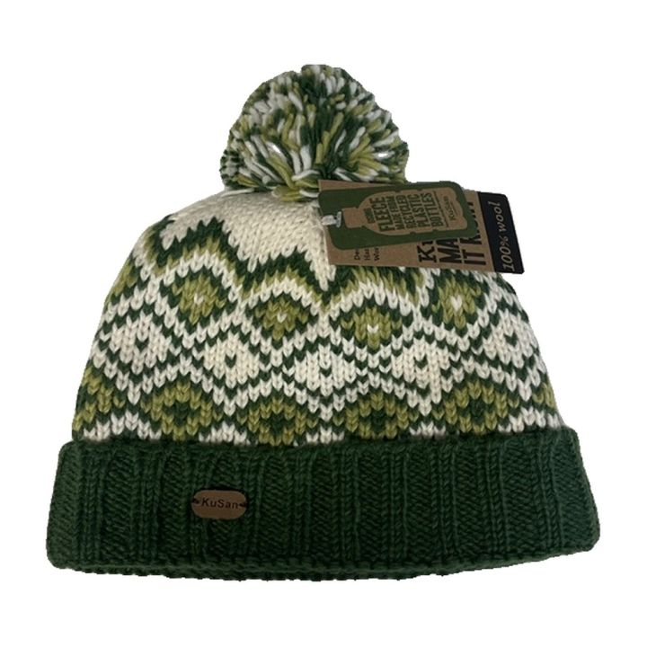 Bonnet jacquard à pompon, revers - VERT