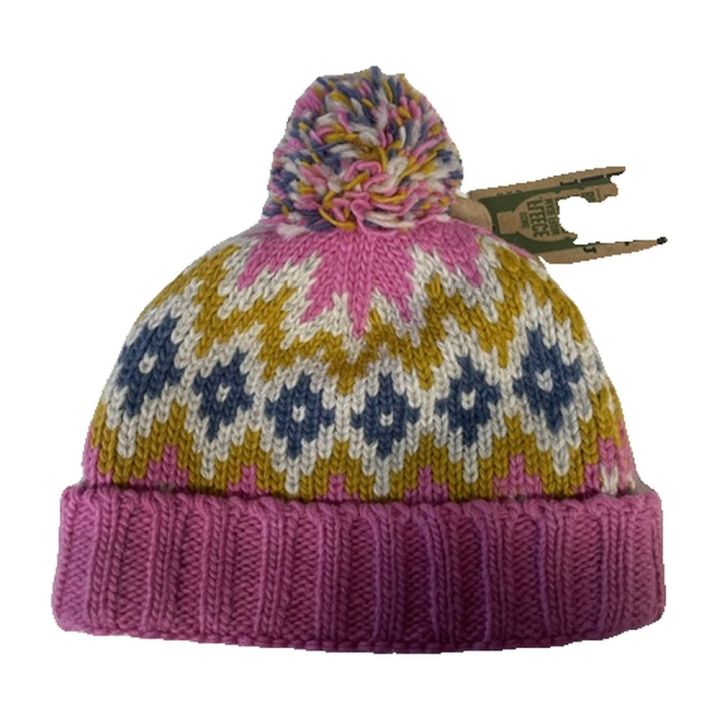 Bonnet jacquard à pompon, revers - ROSE ET BLEU
