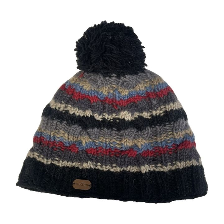 Bonnet rayé à pompon - NOIR MULTICOLORE