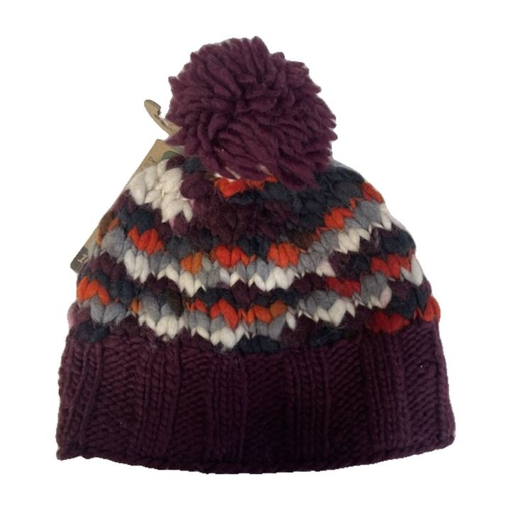 Bonnet à pompon, grosse maille - PRUNE MULTICOLORE