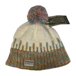 Bonnet blanc à bord pastel et pompon multicolore