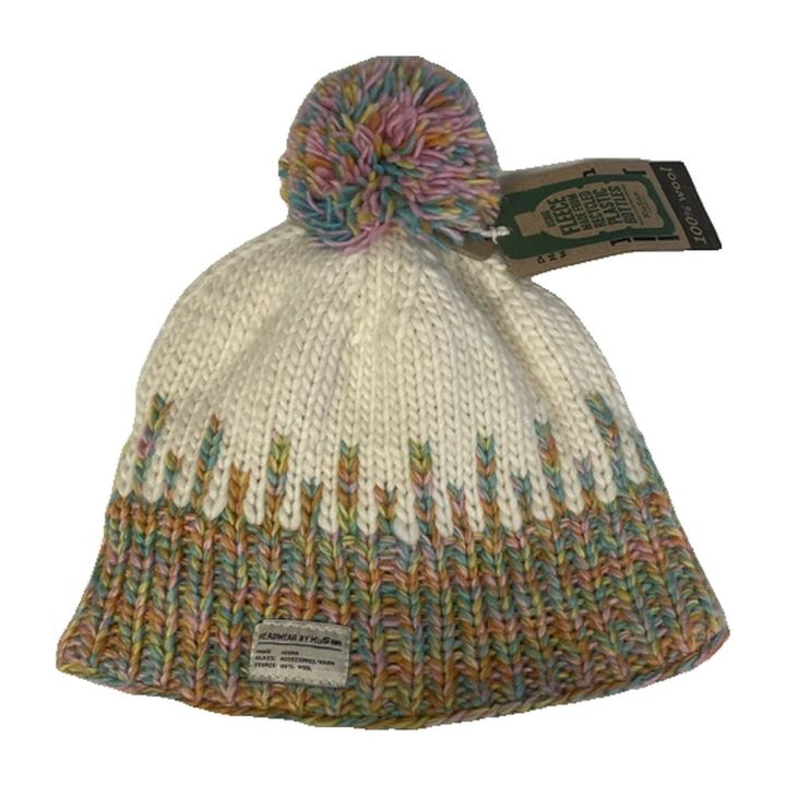 White hat with pastel brim and multicolour pom-pom