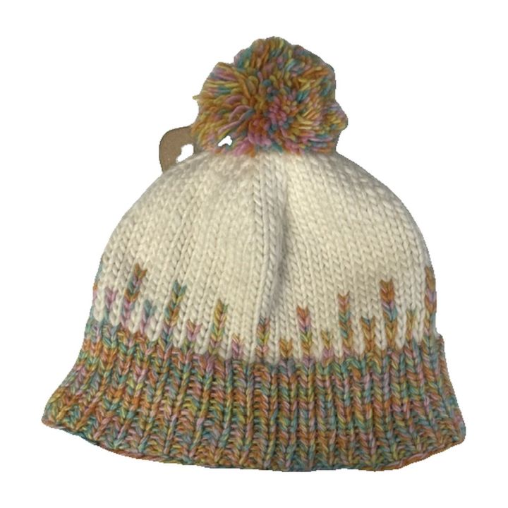 White hat with pastel brim and multicolour pom-pom