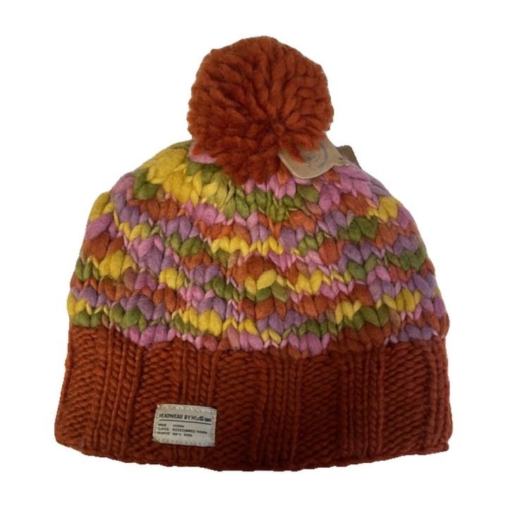 Bonnet à pompon, laine irrégulière - ORANGE MULTICOLORE