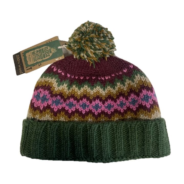 Bonnet jacquard à pompon, revers - VERT ET VIOLET