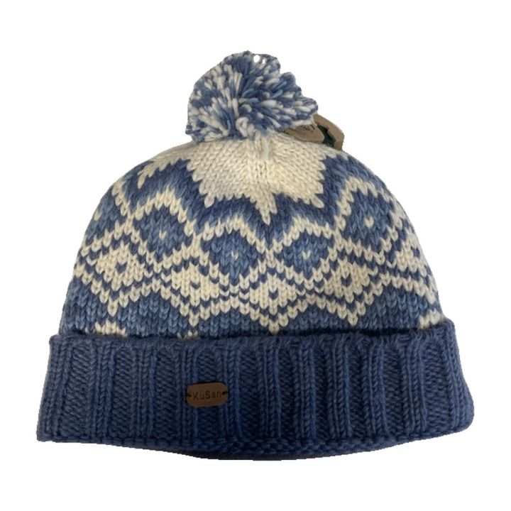Bonnet jacquard à pompon, revers - BLEU