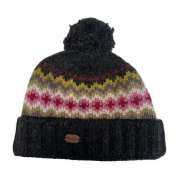 Jacquard pom-pom hat with turn-up - CHARCOAL