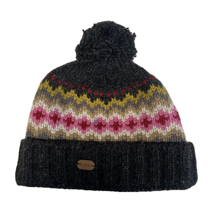 Bonnet jacquard à pompon, revers - ANTHRACITE