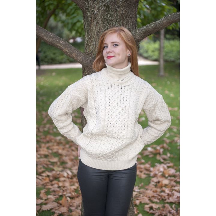 Pull Irelandais Blanc col roulé traditionnel 100% pure laine vierge 
