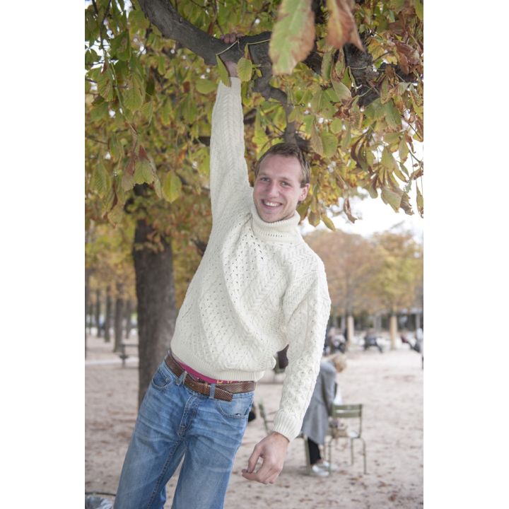 Pull Irelandais Blanc col roulé traditionnel 100% pure laine vierge 